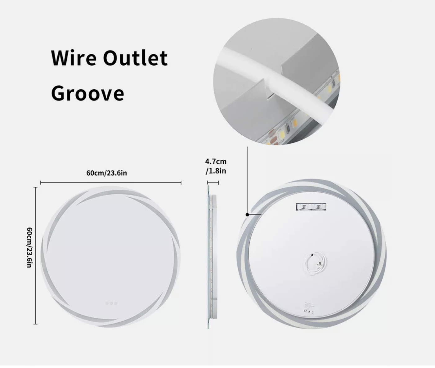 60cm Anti-fog LED Bathroom Mirror Circle Backlit HD Vanity Mirror Shatterproof