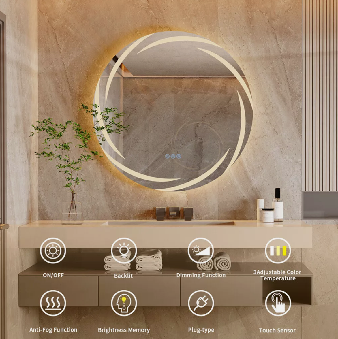 60cm Anti-fog LED Bathroom Mirror Circle Backlit HD Vanity Mirror Shatterproof