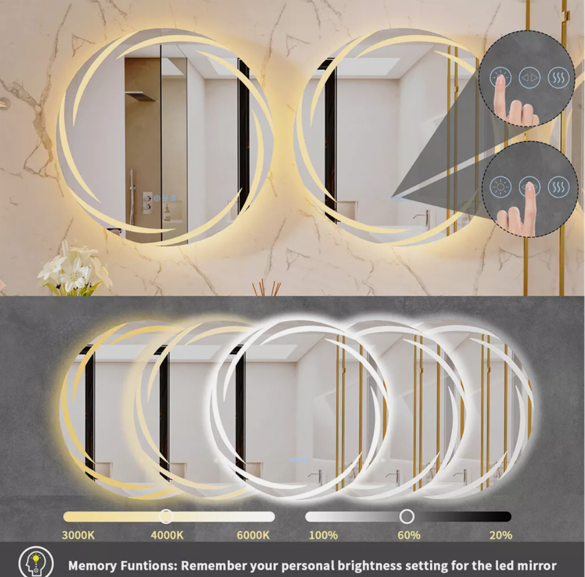 60cm Anti-fog LED Bathroom Mirror Circle Backlit HD Vanity Mirror Shatterproof