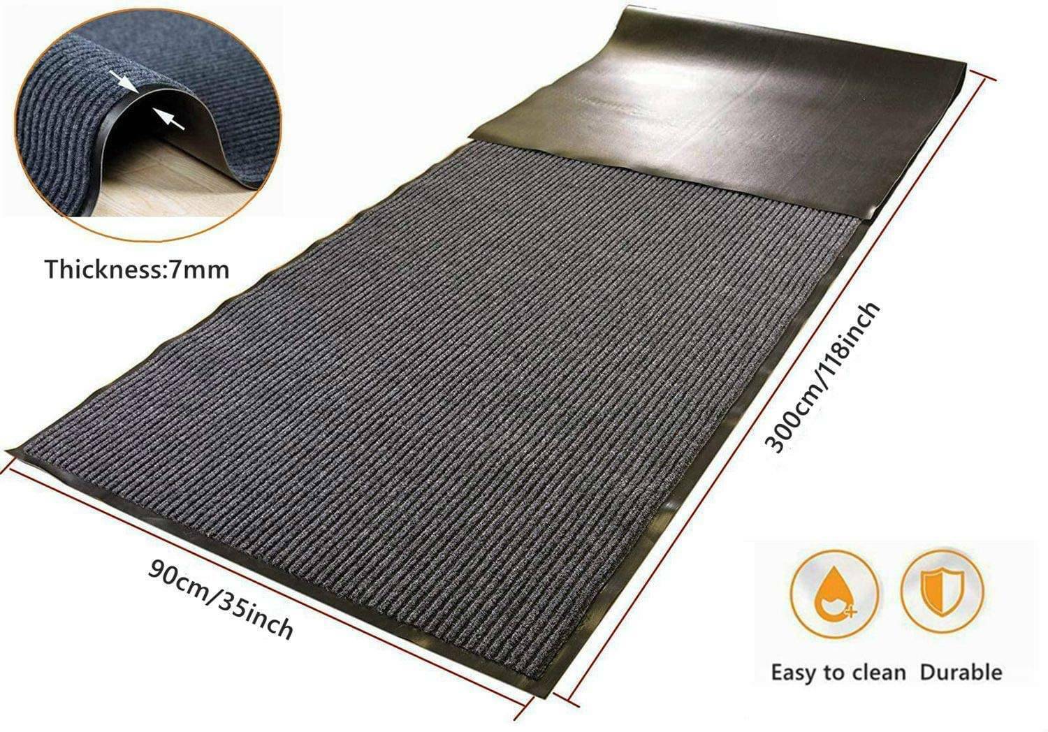 90*300cm Non Slip Rubber Floor Mat Area Carpet Door Entrance Hallway Runner Rug Grey