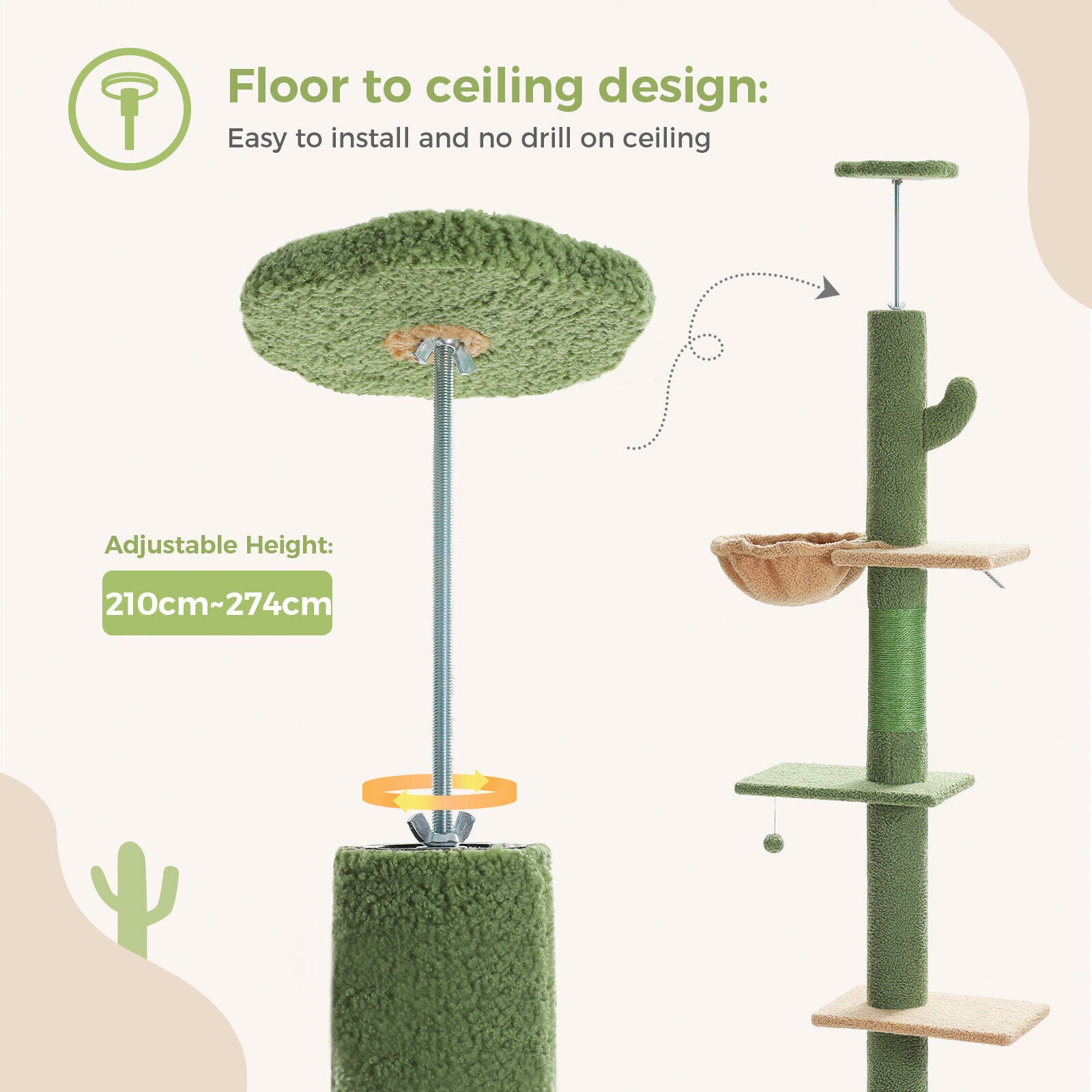 Height Adjustable Cat Tree Tower Scratching Post Ceiling High Cat Scratcher Condo Beds