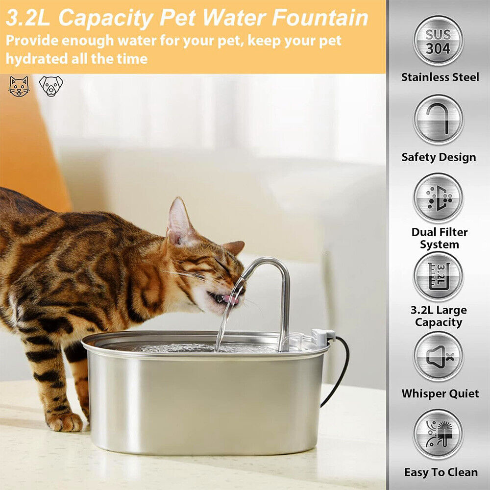 3.2L Stainless Steel Electric Pet Water Dispenser Cat Dog Fountain Drinking