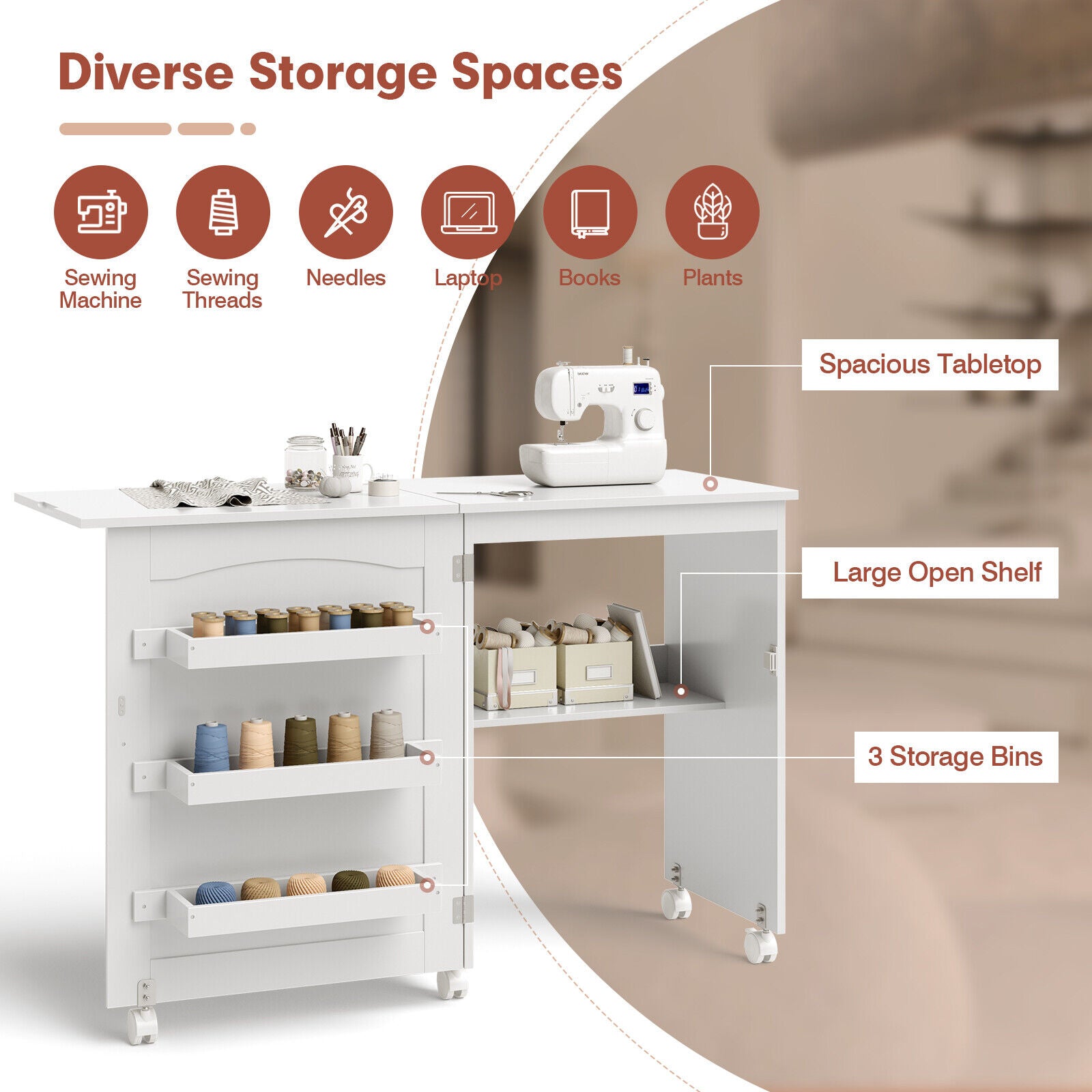 PREMIUM Folding Sewing Craft Table Shelves Storage Cabinet With Wheels