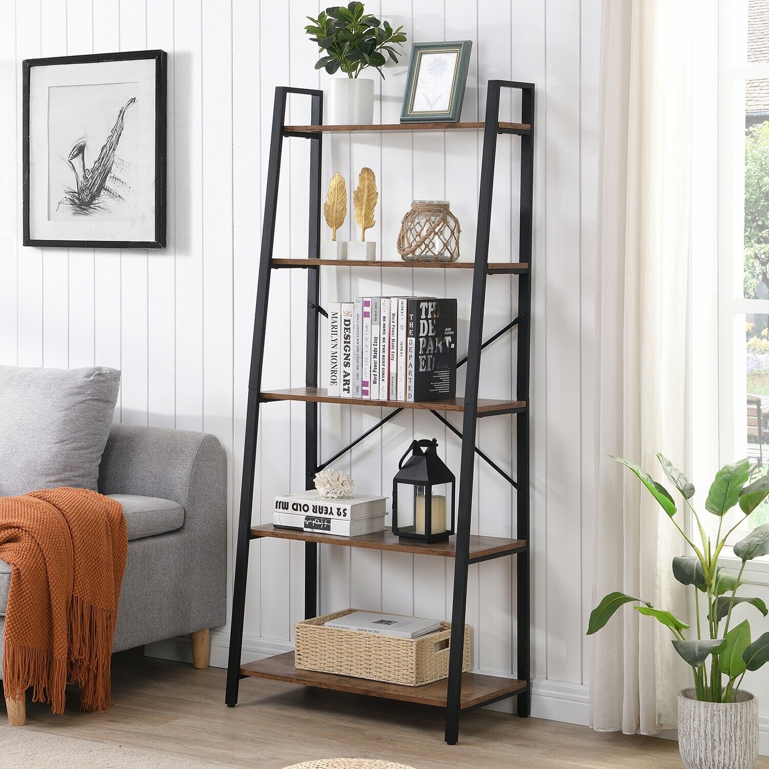 5 Tier Industrial Ladder Bookcases Display Rack