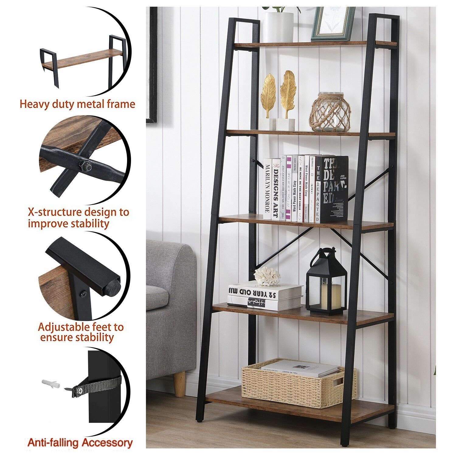 5 Tier Industrial Ladder Bookcases Display Rack