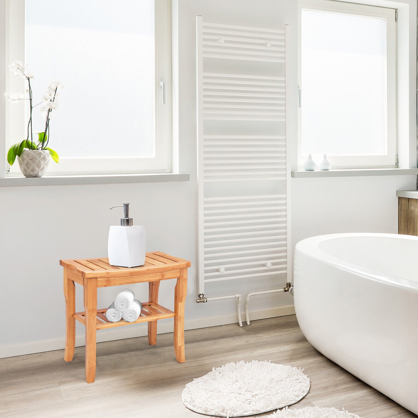 Bamboo Shower Seat Bench Bathroom Spa Organizer Stool With Storage Shelf