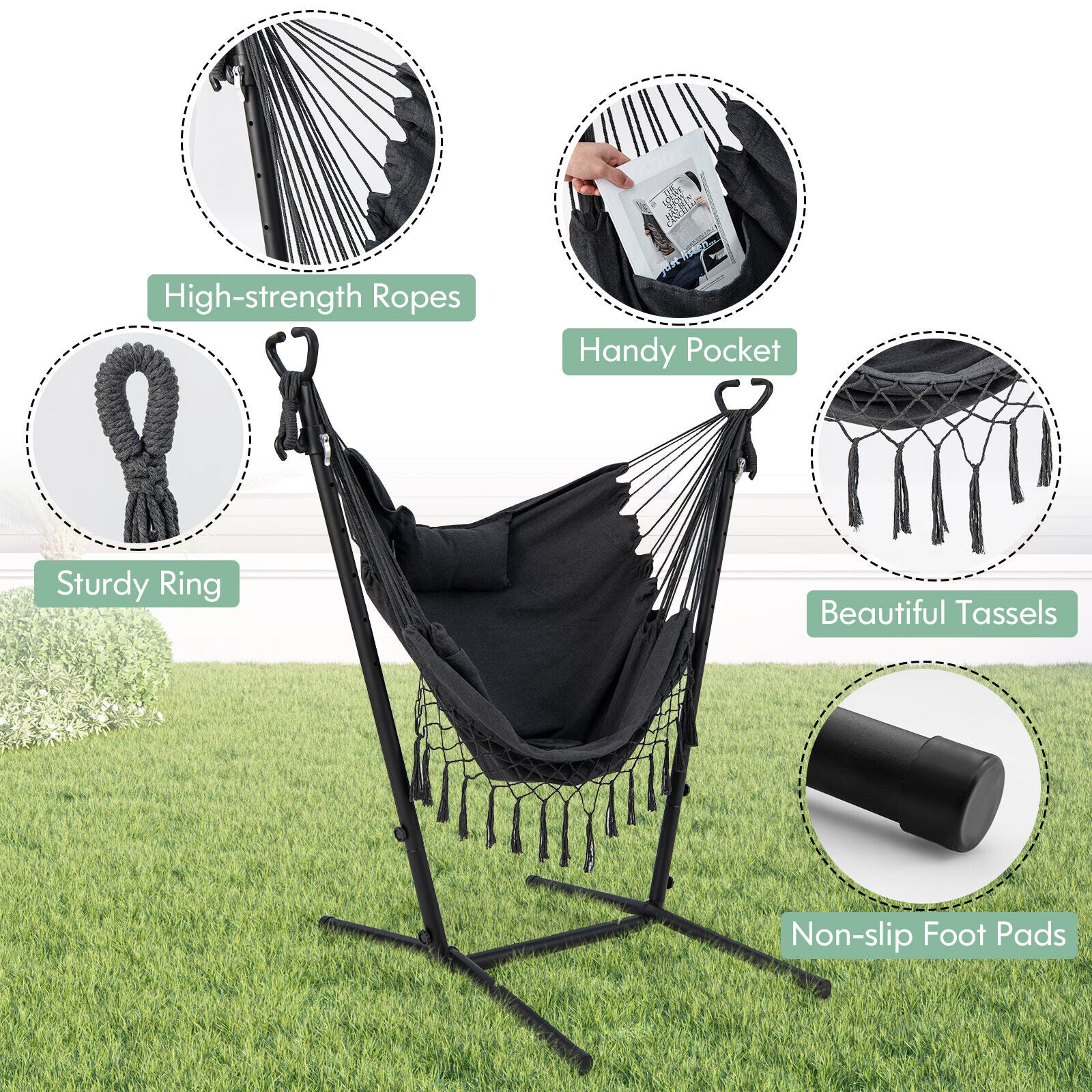 Height Adjustable Hanging Chair Hammock Chair with Stand