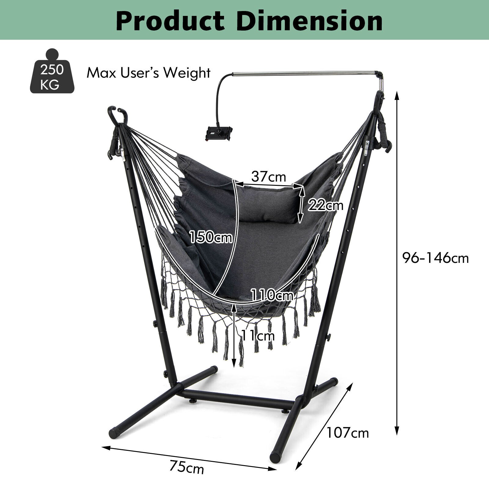 Height Adjustable Hanging Chair Hammock Chair with Stand