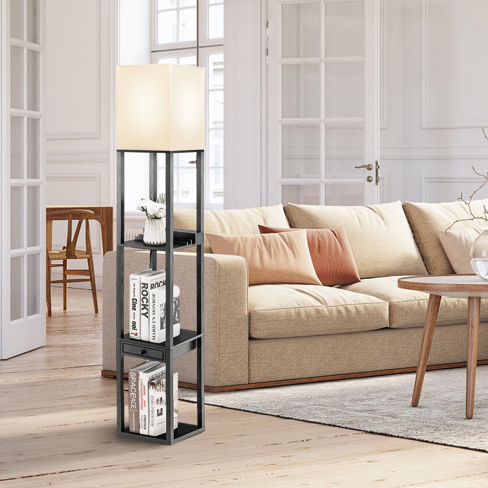 Modern Floor Lamp with Shelves and Drawer