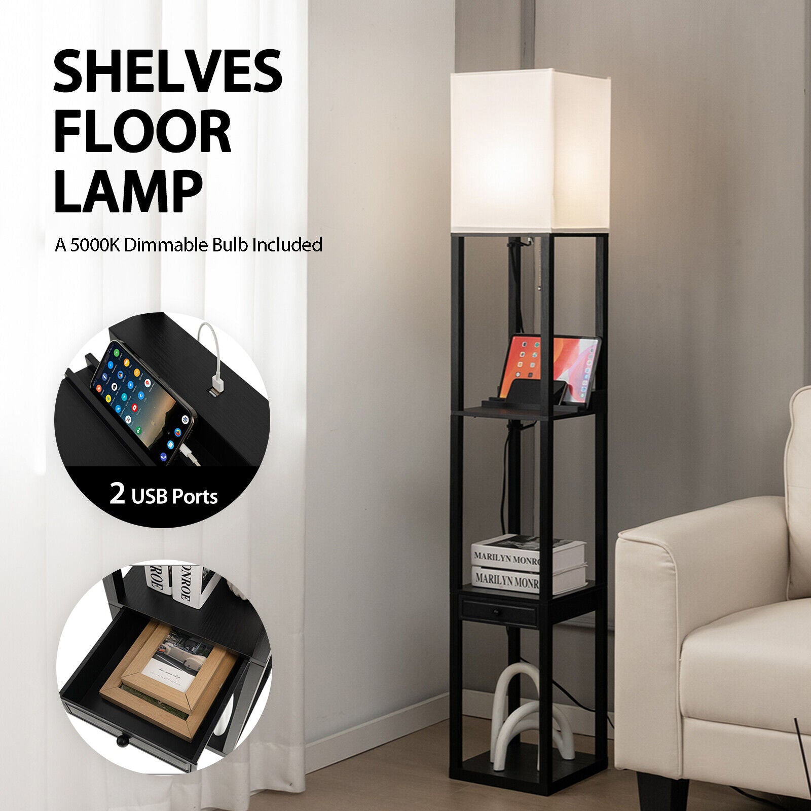 Modern Floor Lamp with Shelves and Drawer