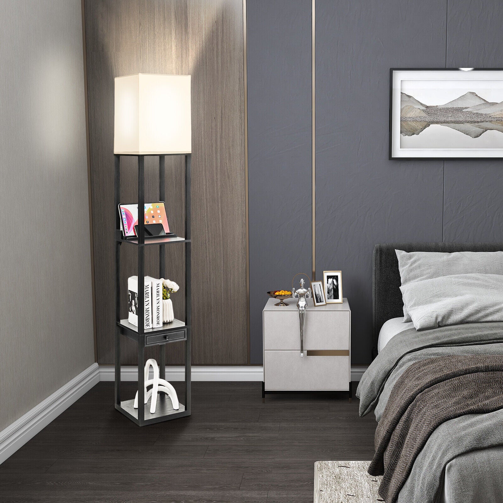 Modern Floor Lamp with Shelves and Drawer