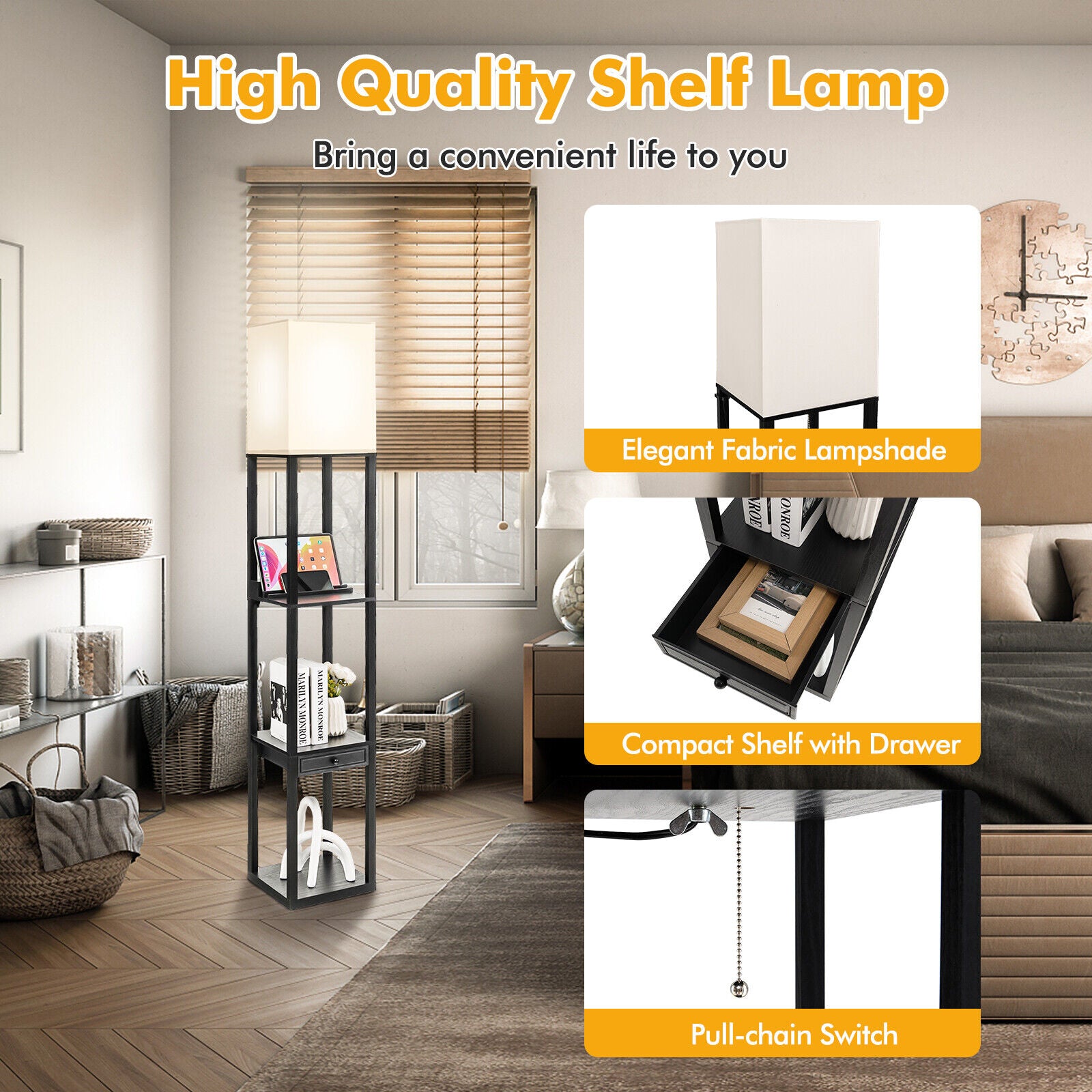 Modern Floor Lamp with Shelves and Drawer