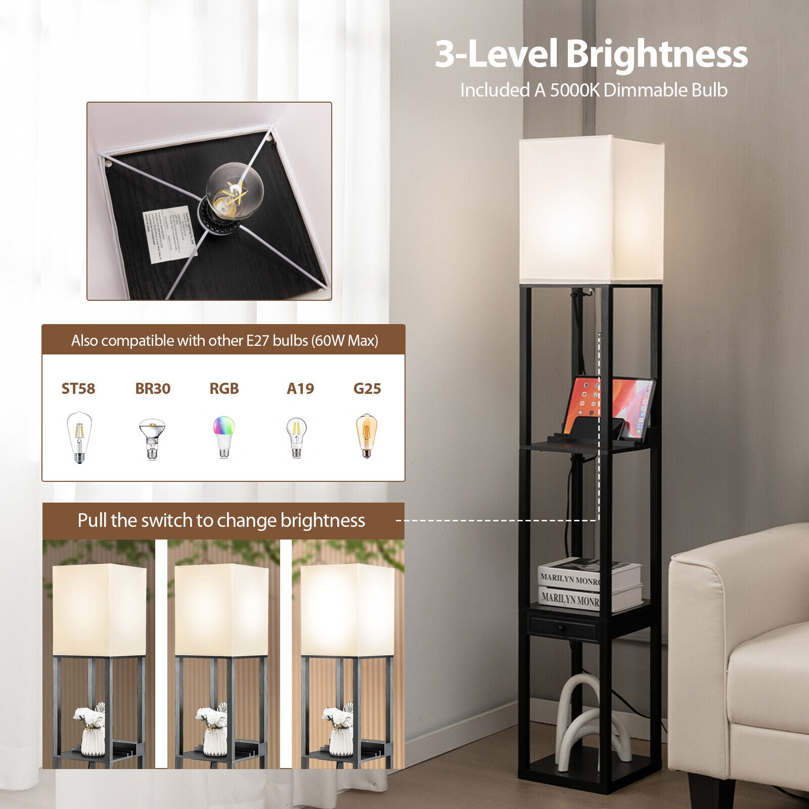 Modern Floor Lamp with Shelves and Drawer