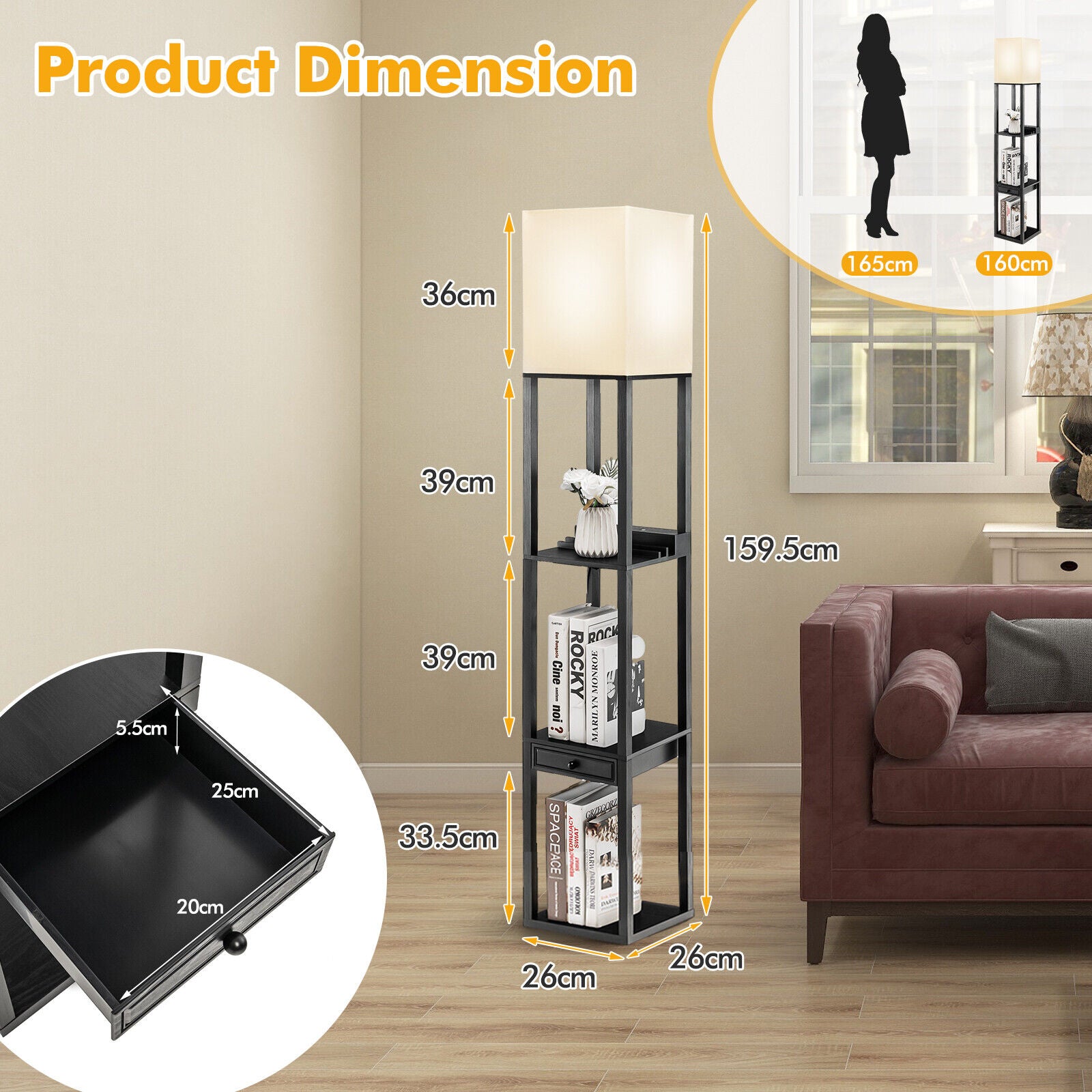 Modern Floor Lamp with Shelves and Drawer