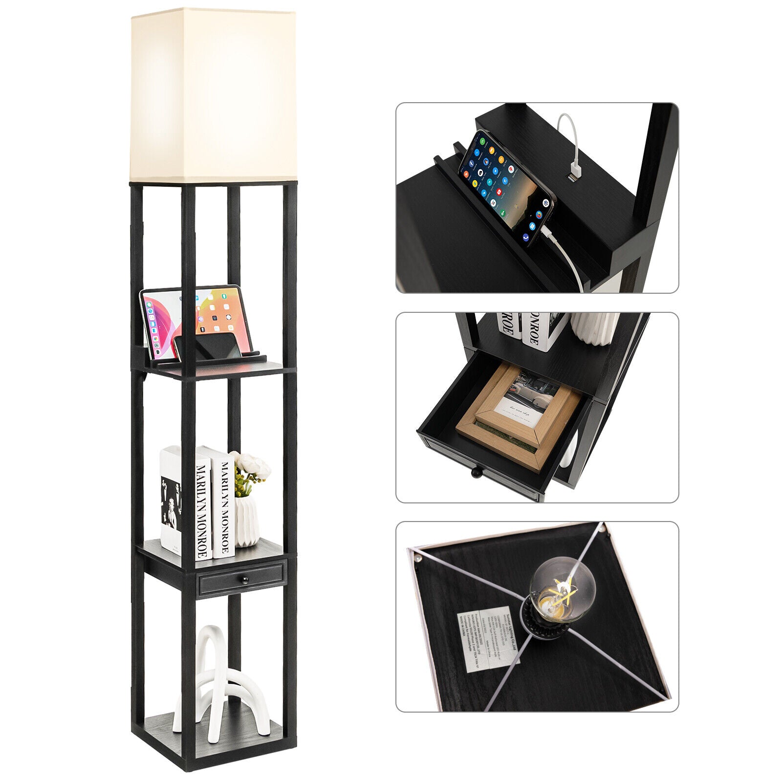 Modern Floor Lamp with Shelves and Drawer