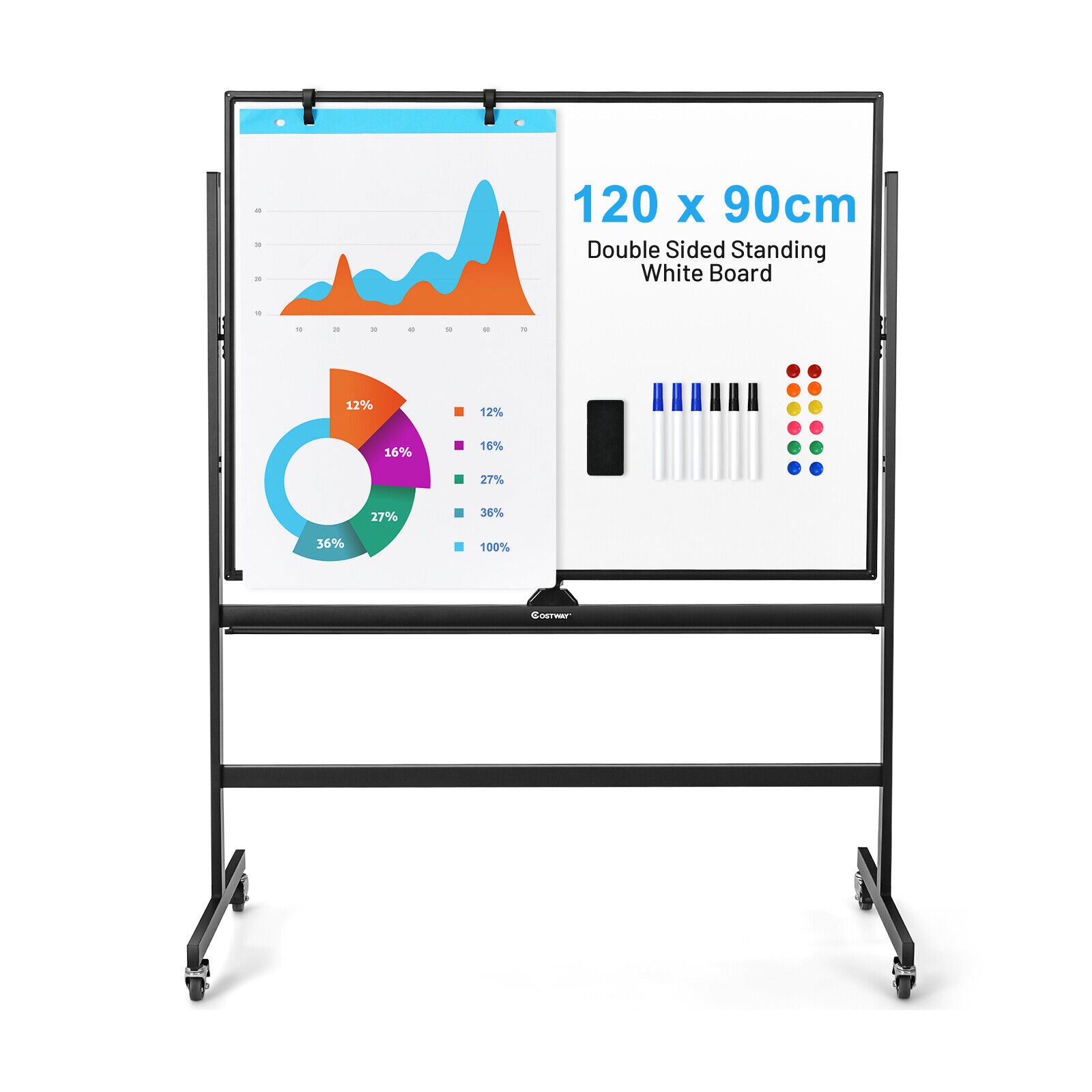 120cm x 90cm Mobile Magnetic Double-Sided Reversible Whiteboard- Black
