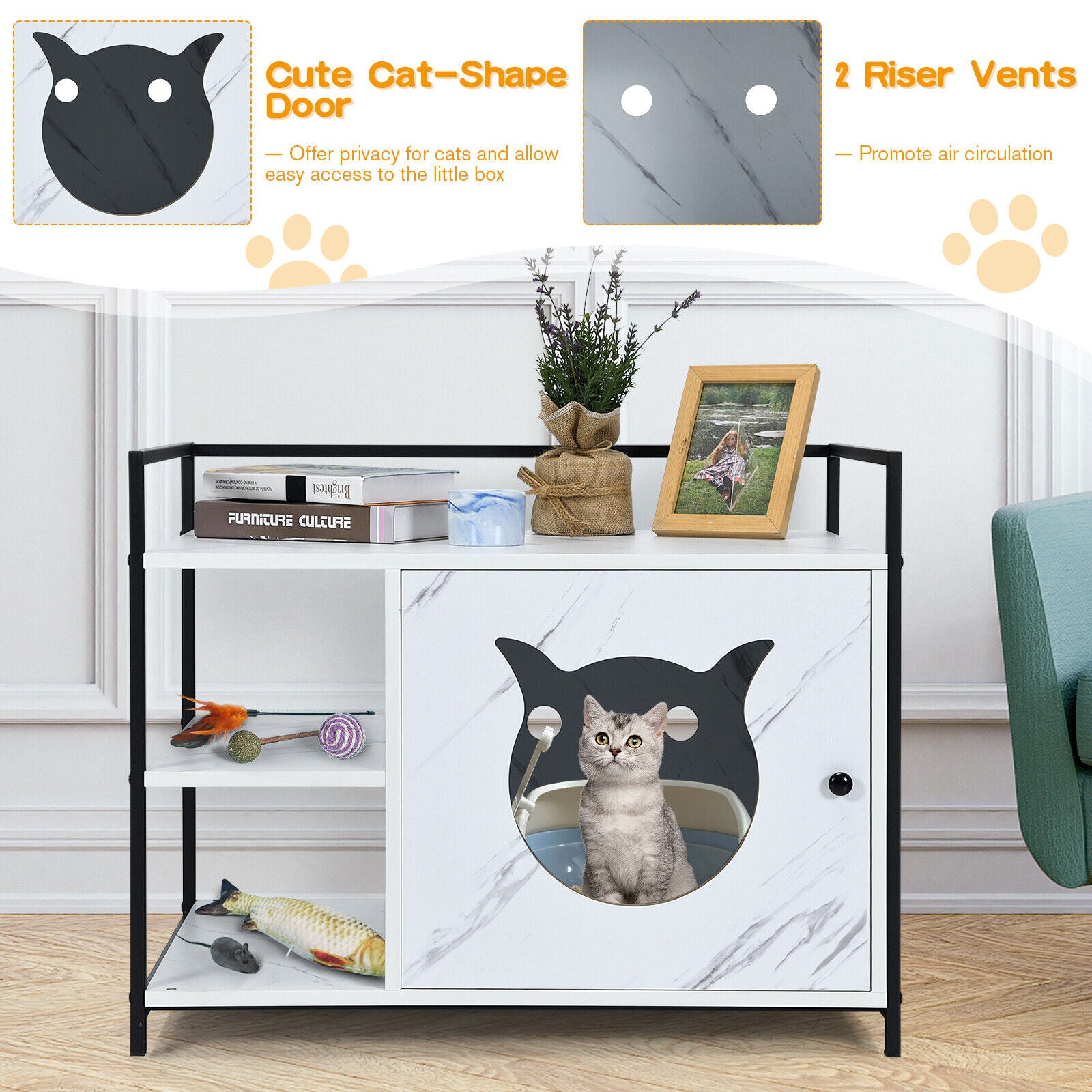 2IN1 Cat Litter Box Enclosure Kitty Hidden Cat Side Table Storage Shelf