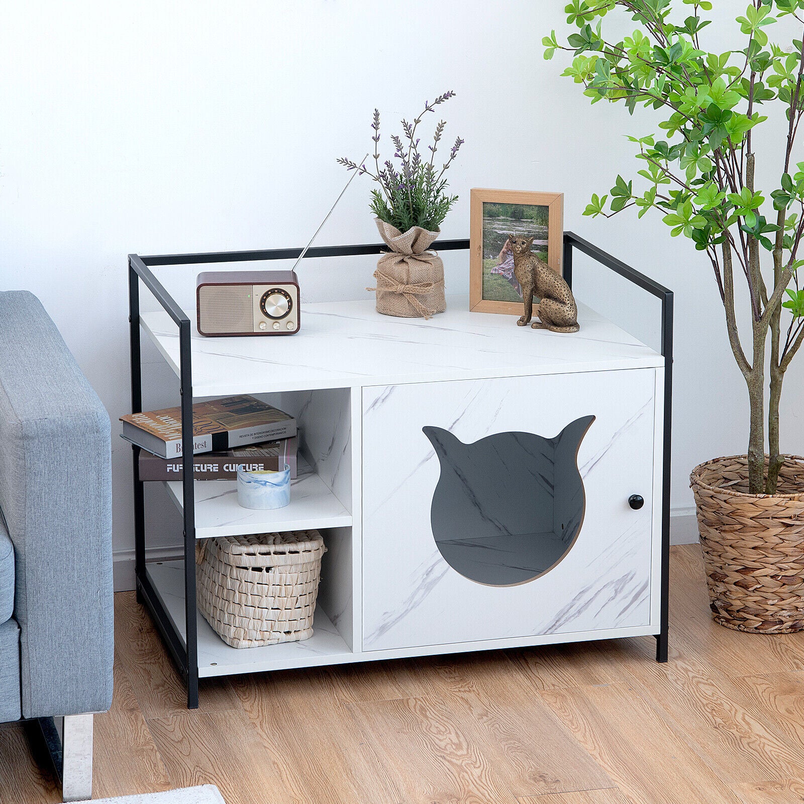 2IN1 Cat Litter Box Enclosure Kitty Hidden Cat Side Table Storage Shelf