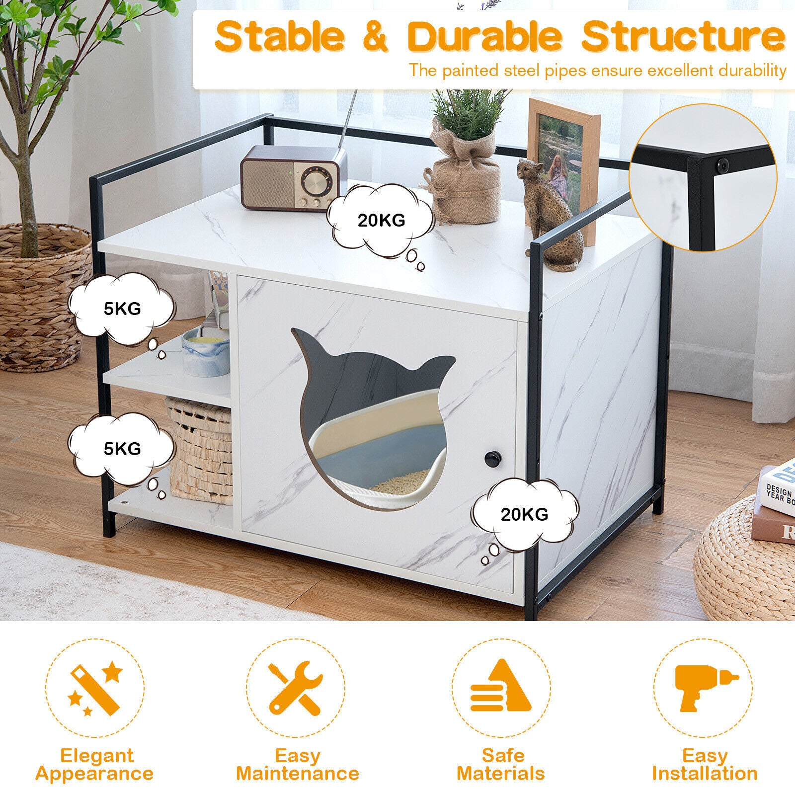 2IN1 Cat Litter Box Enclosure Kitty Hidden Cat Side Table Storage Shelf