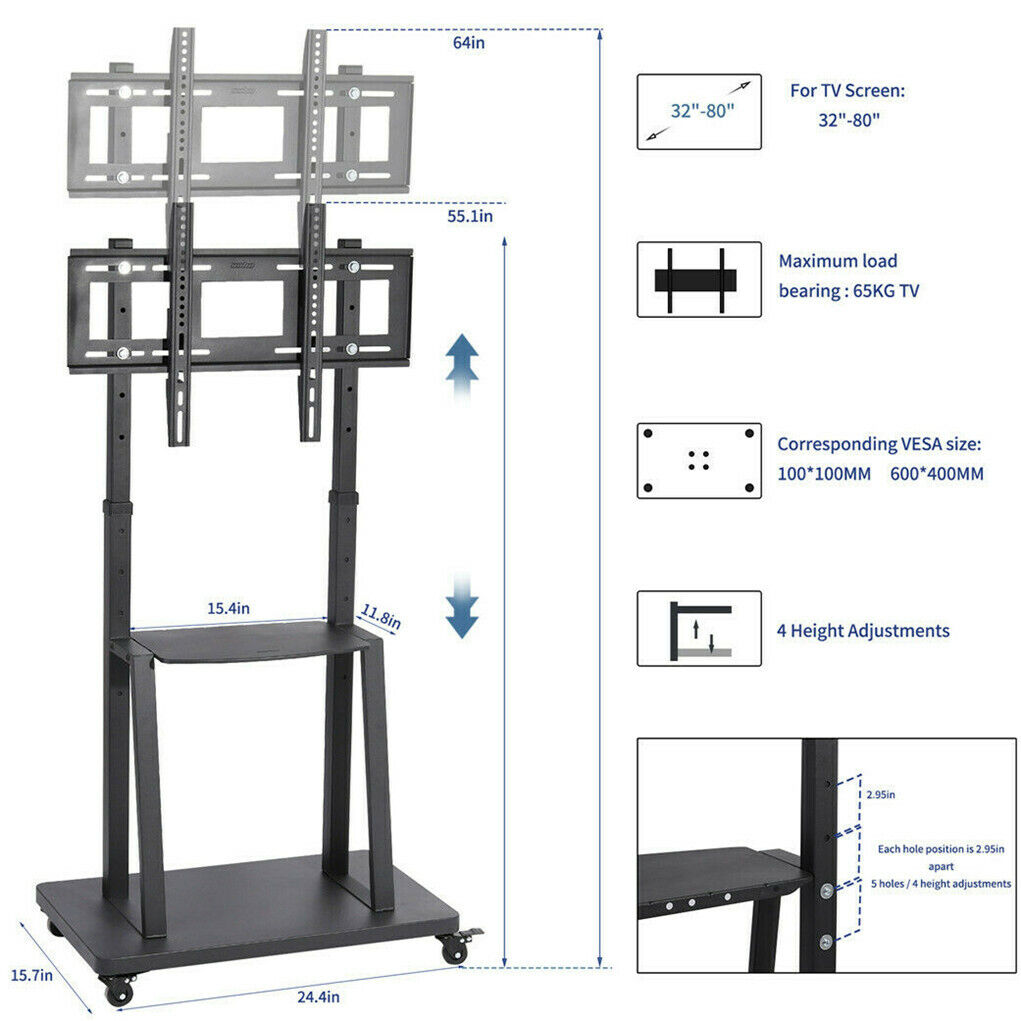 Heavy Duty Mobile Cart Rolling Floor TV Stand Fits 32"- 80" screens