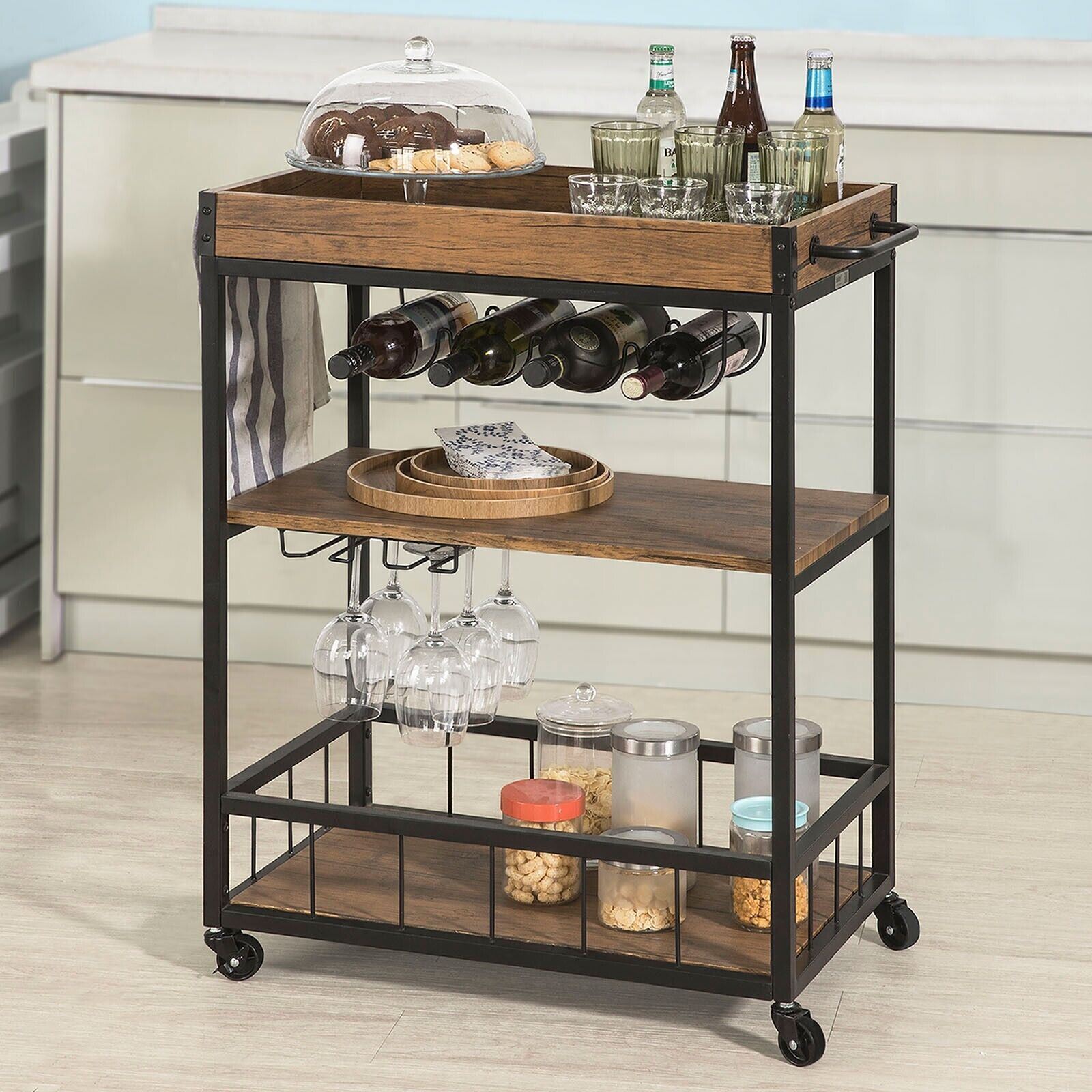 Kitchen Trolley with Wine Rack Glass Rack and Serving Tray