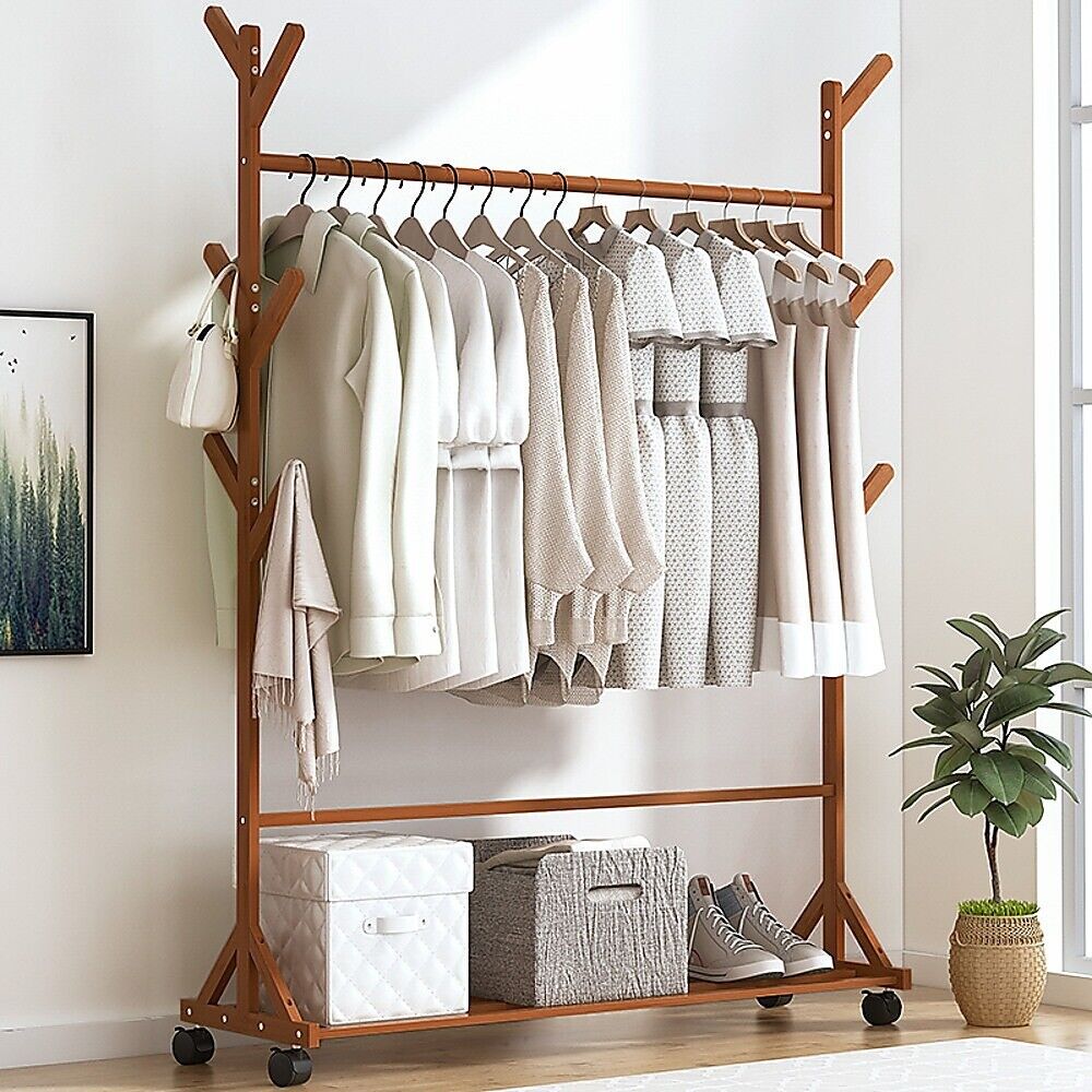 Portable Bamboo Clothes Rack Coat Garment Stand