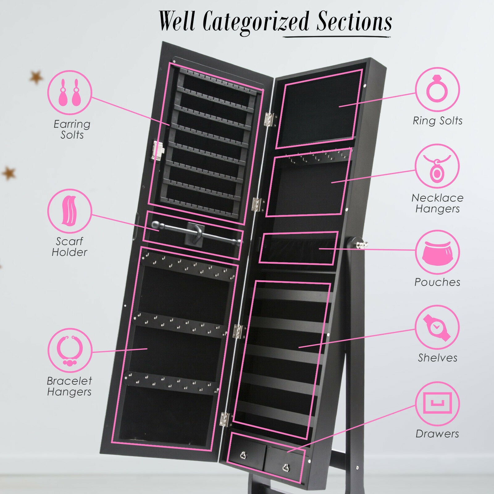 Mirror Jewellery Cabinet Storage Organizer Box Makeup BLACK