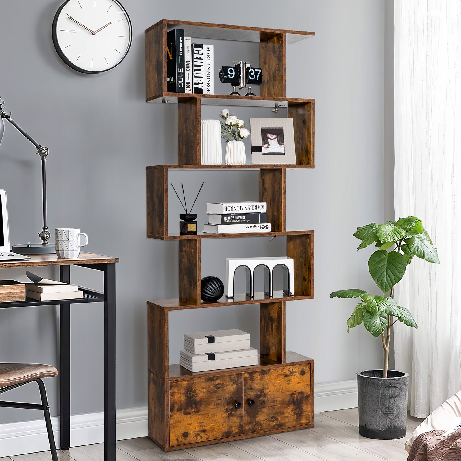 183cm S shape Bookcase Display Shelf Tall Bookshelf Storage Cabinet Rustic