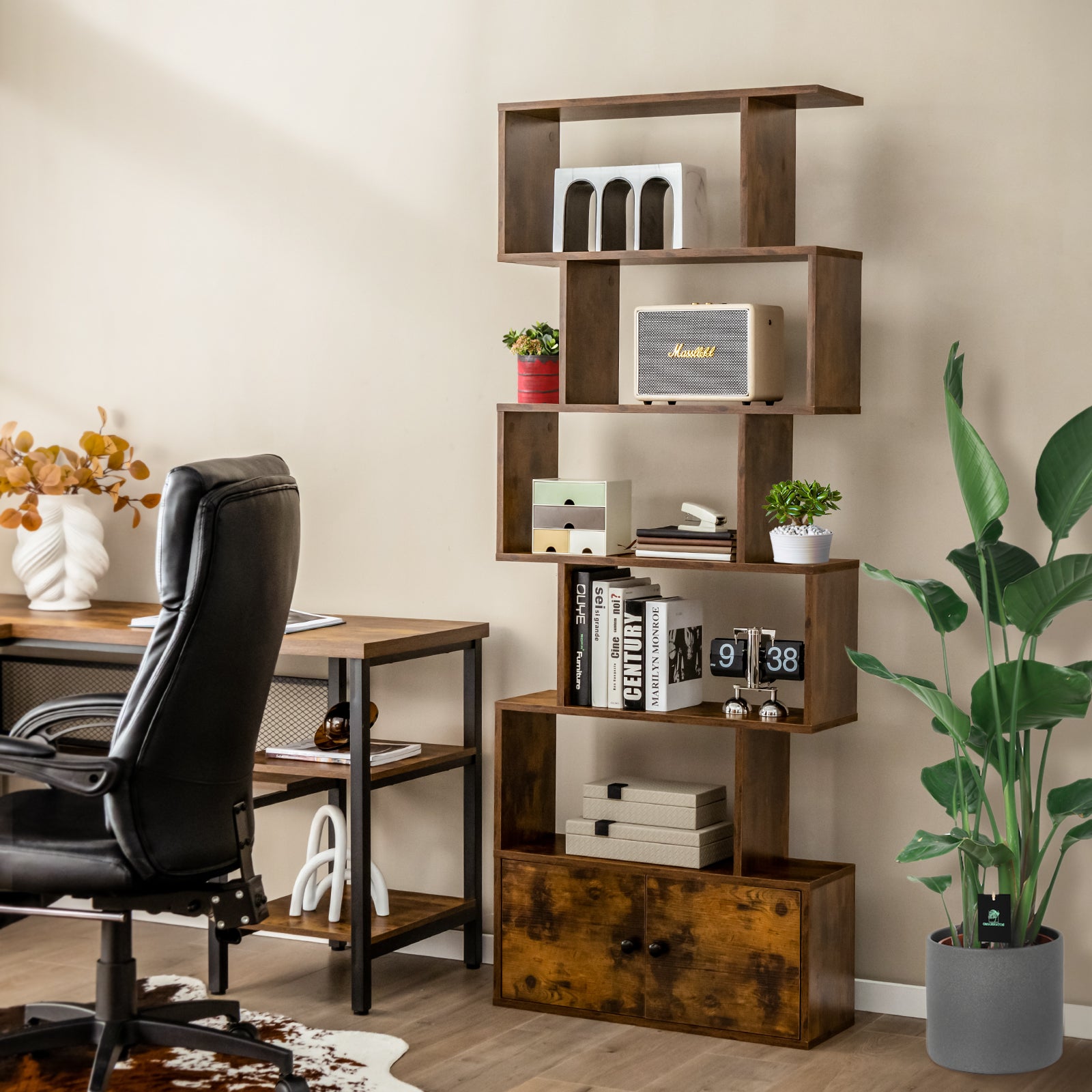 183cm S shape Bookcase Display Shelf Tall Bookshelf Storage Cabinet Rustic