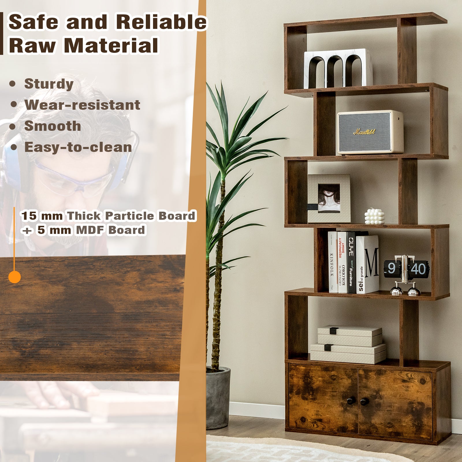 183cm S shape Bookcase Display Shelf Tall Bookshelf Storage Cabinet Rustic