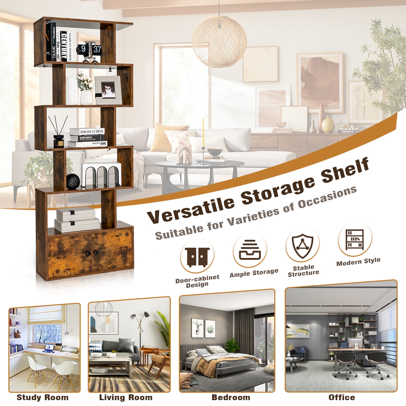 183cm S shape Bookcase Display Shelf Tall Bookshelf Storage Cabinet Rustic
