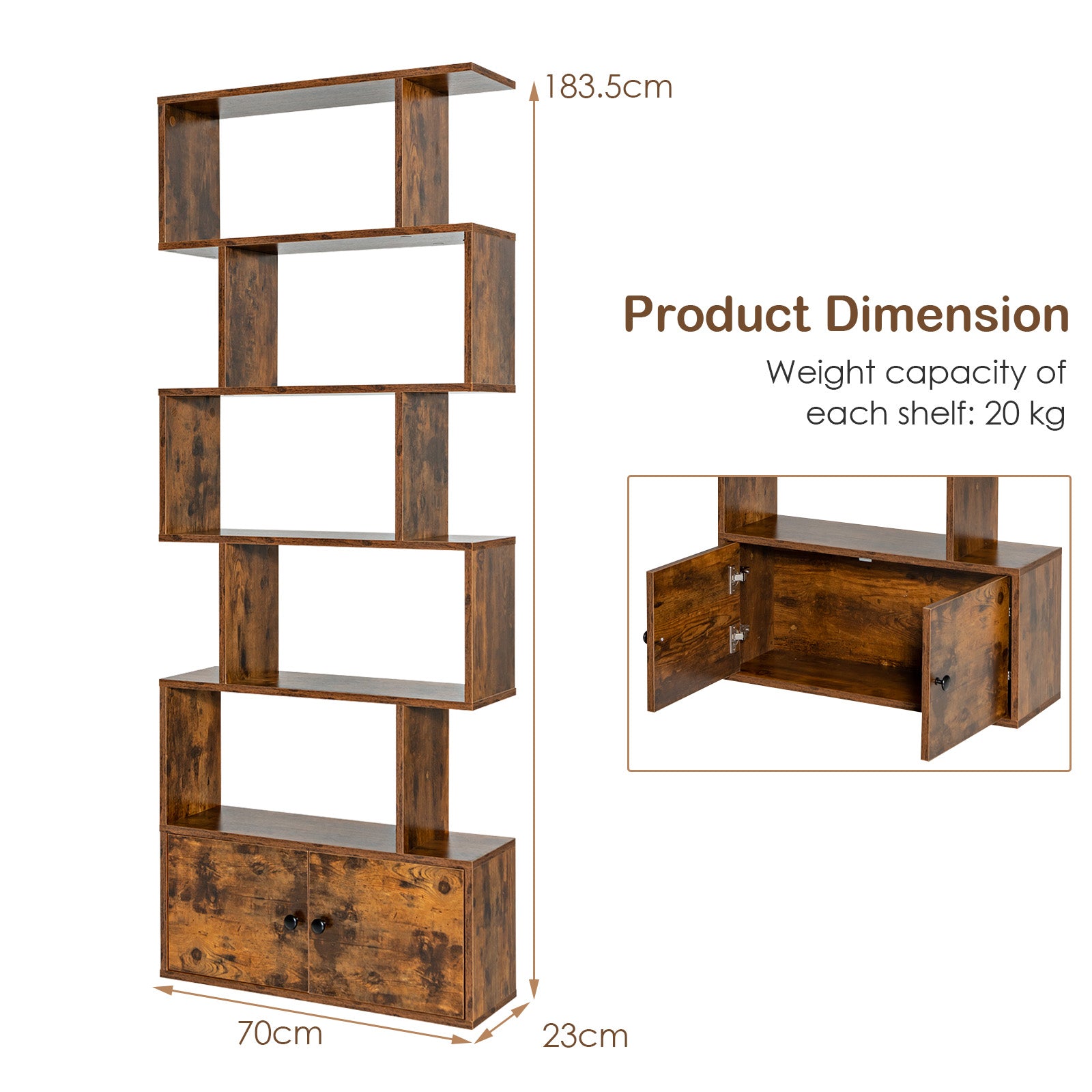183cm S shape Bookcase Display Shelf Tall Bookshelf Storage Cabinet Rustic
