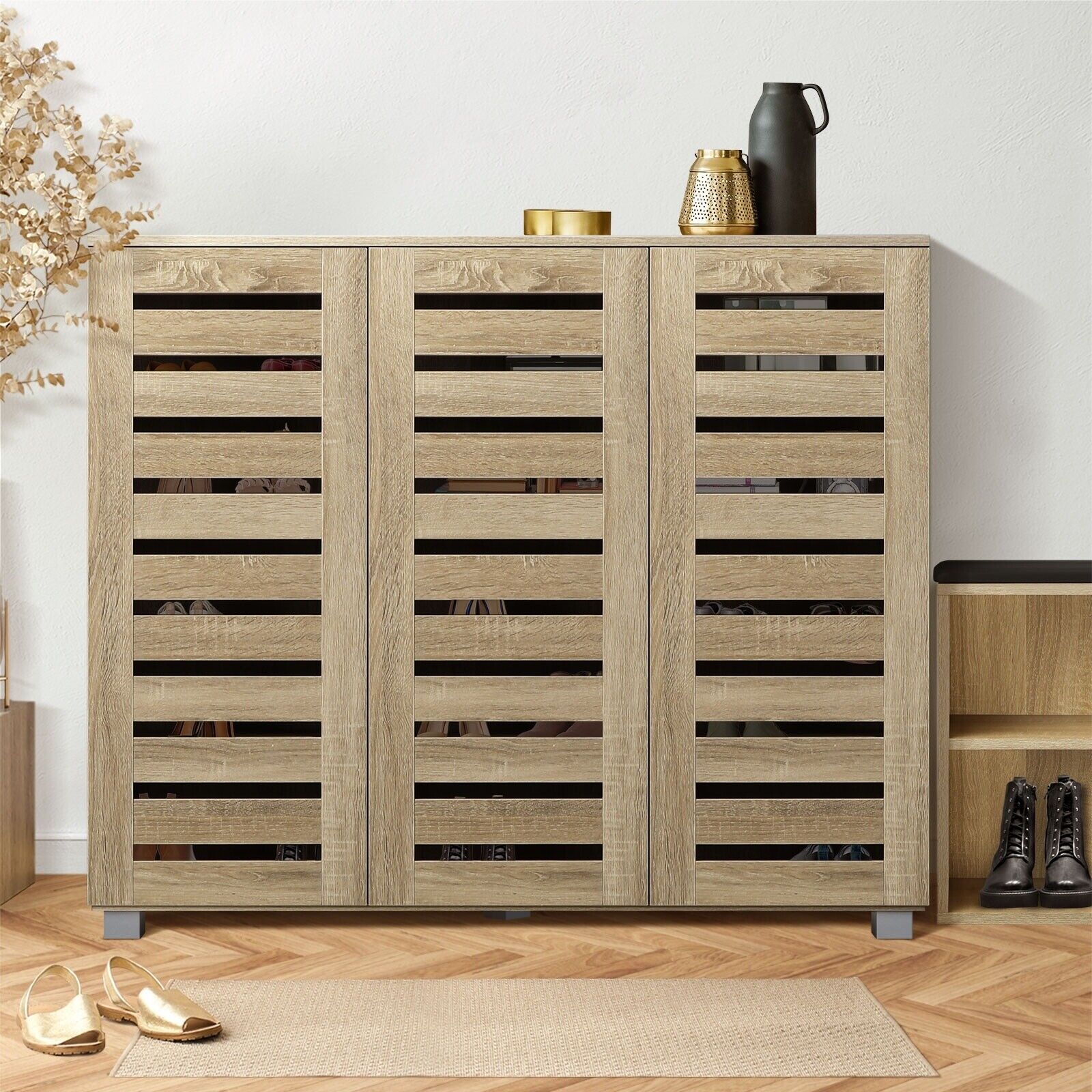 3 Doors 30 Pairs Wooden Shoes Cabinet Storage Rack Organizer Shelf