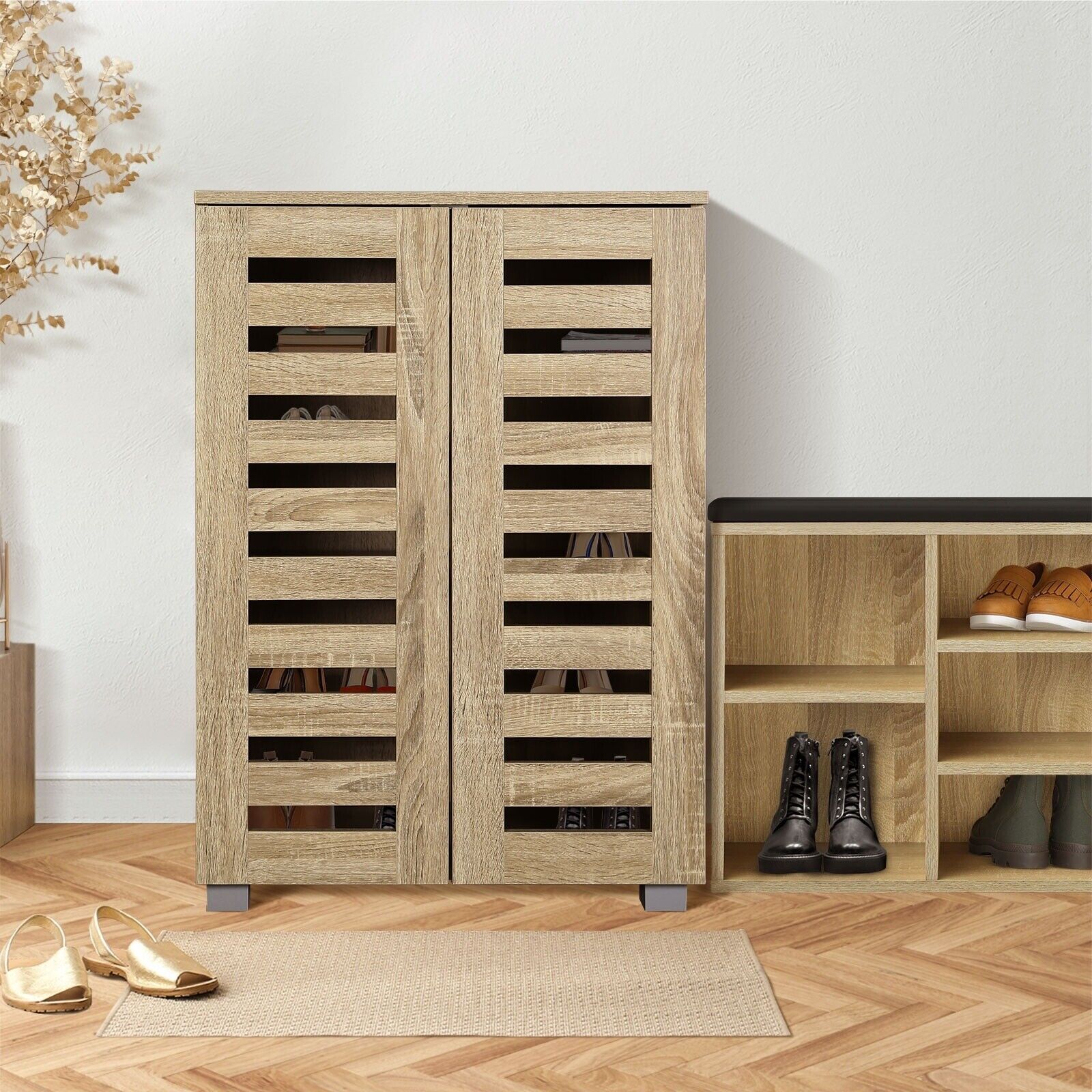 2 Doors 20 Pairs Wooden Shoes Rack Shoe Storage Cabinet