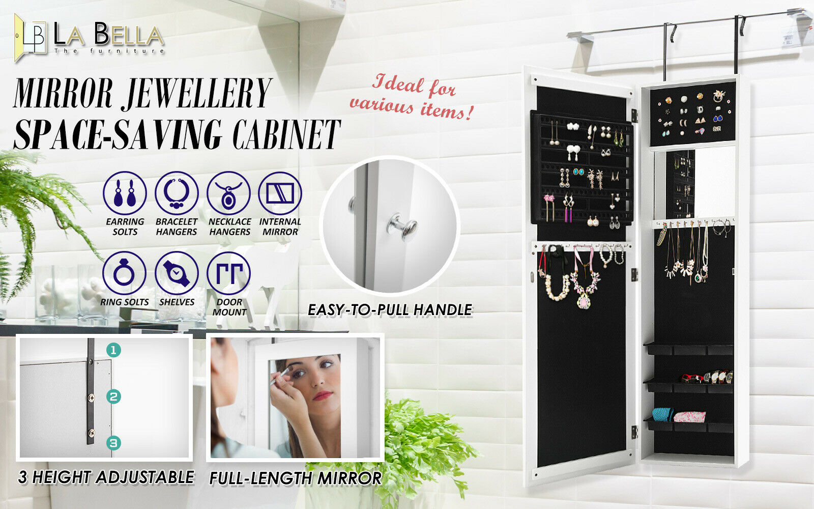 Mirror Jewellery Wall Swivel Cabinet Storage Makeup Organiser Drawer