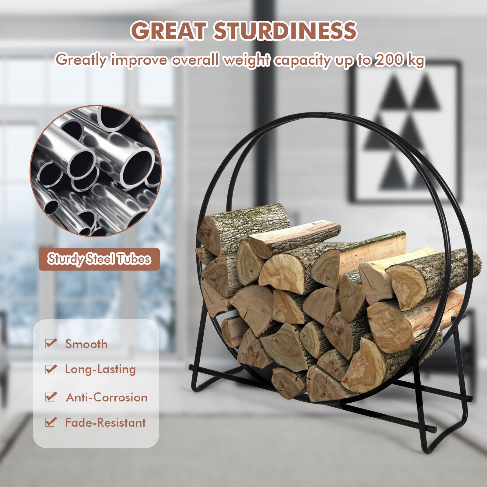 102cm Tubular Steel Log Hoop Firewood Storage Rack Holder