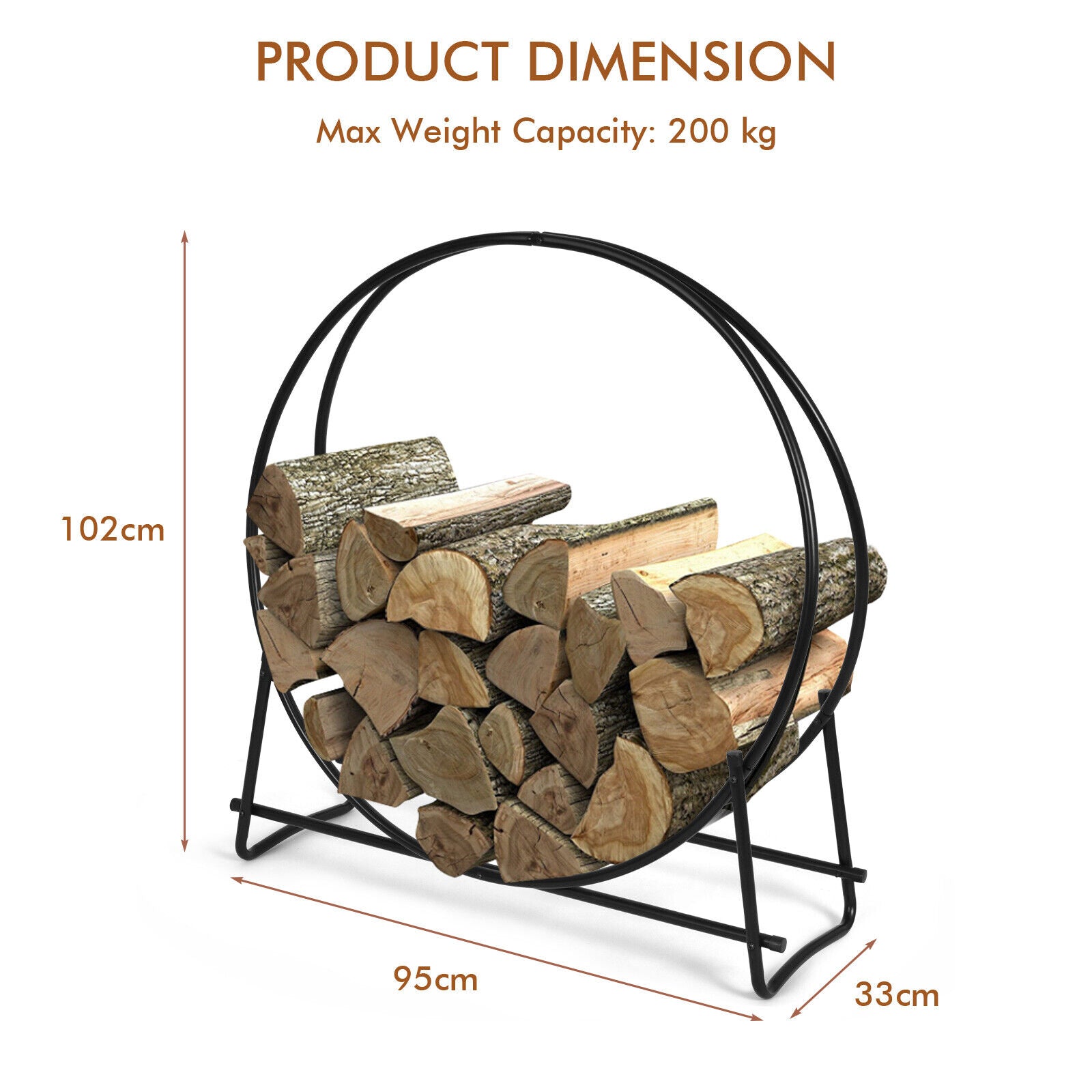 102cm Tubular Steel Log Hoop Firewood Storage Rack Holder