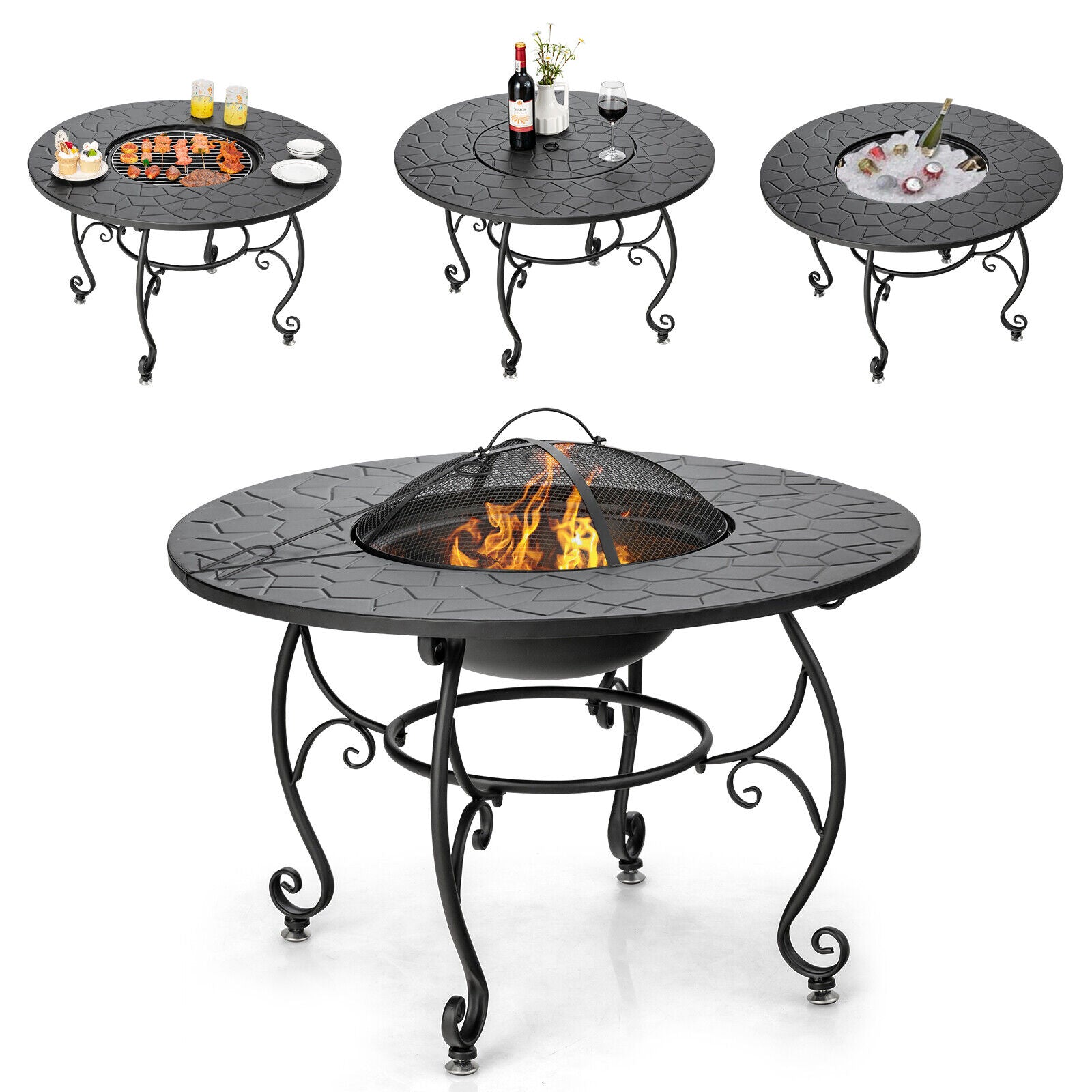 35.5" Patio Fire Pit Table Charcoal Wood with Cooking BBQ Grate