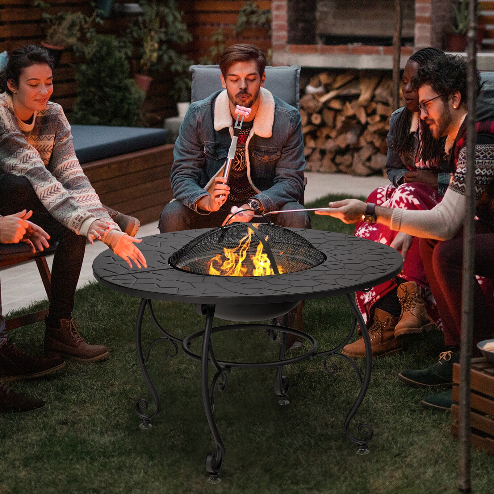 35.5" Patio Fire Pit Table Charcoal Wood with Cooking BBQ Grate