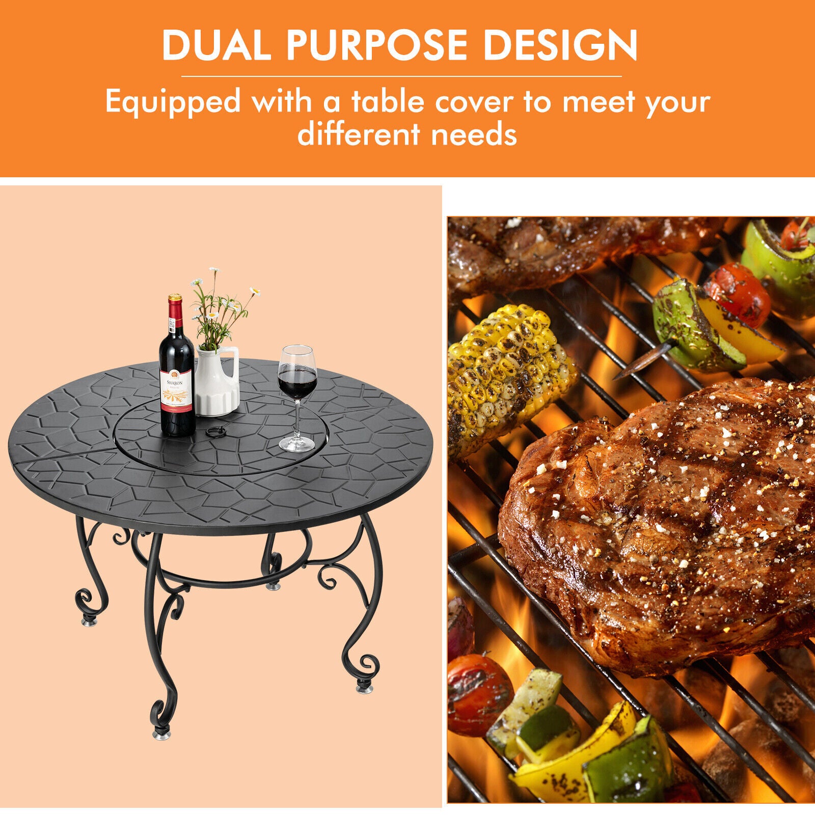 35.5" Patio Fire Pit Table Charcoal Wood with Cooking BBQ Grate