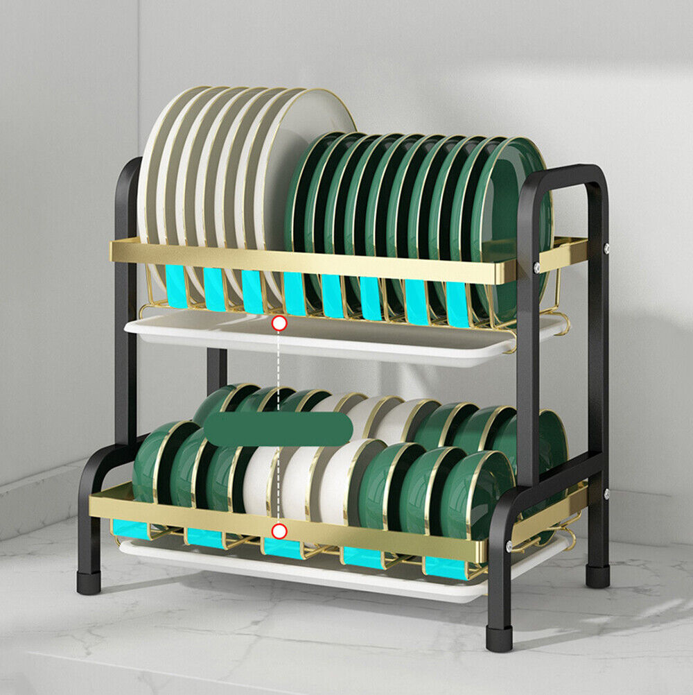 2 Tier Extra Large Dish Drainer Drying Rack with Cup Holder Cutlery Tray