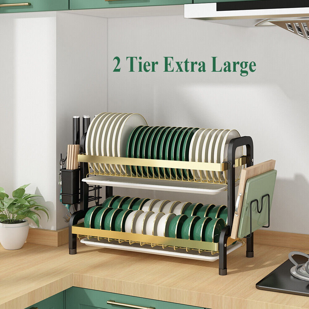 2 Tier Extra Large Dish Drainer Drying Rack with Cup Holder Cutlery Tray