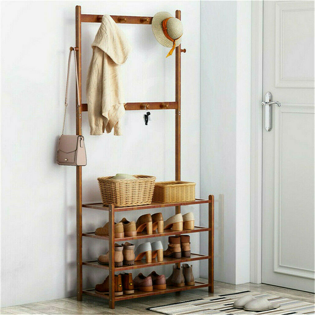 Large Wooden 5 Tiers Hat Coat Stand Clothes Shoe Rack