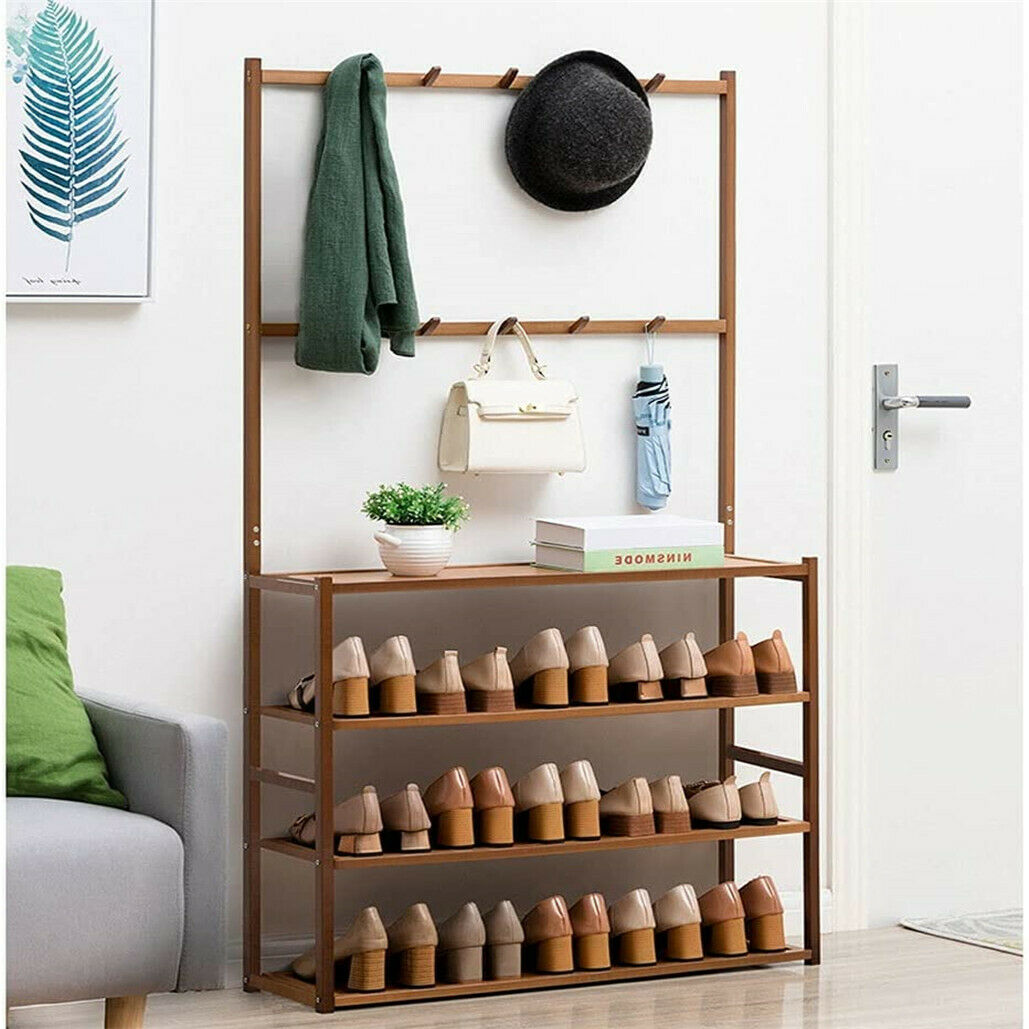 Large Wooden 5 Tiers Hat Coat Stand Clothes Shoe Rack