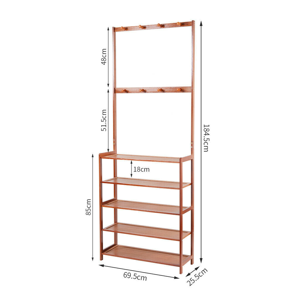 Large Wooden 5 Tiers Hat Coat Stand Clothes Shoe Rack
