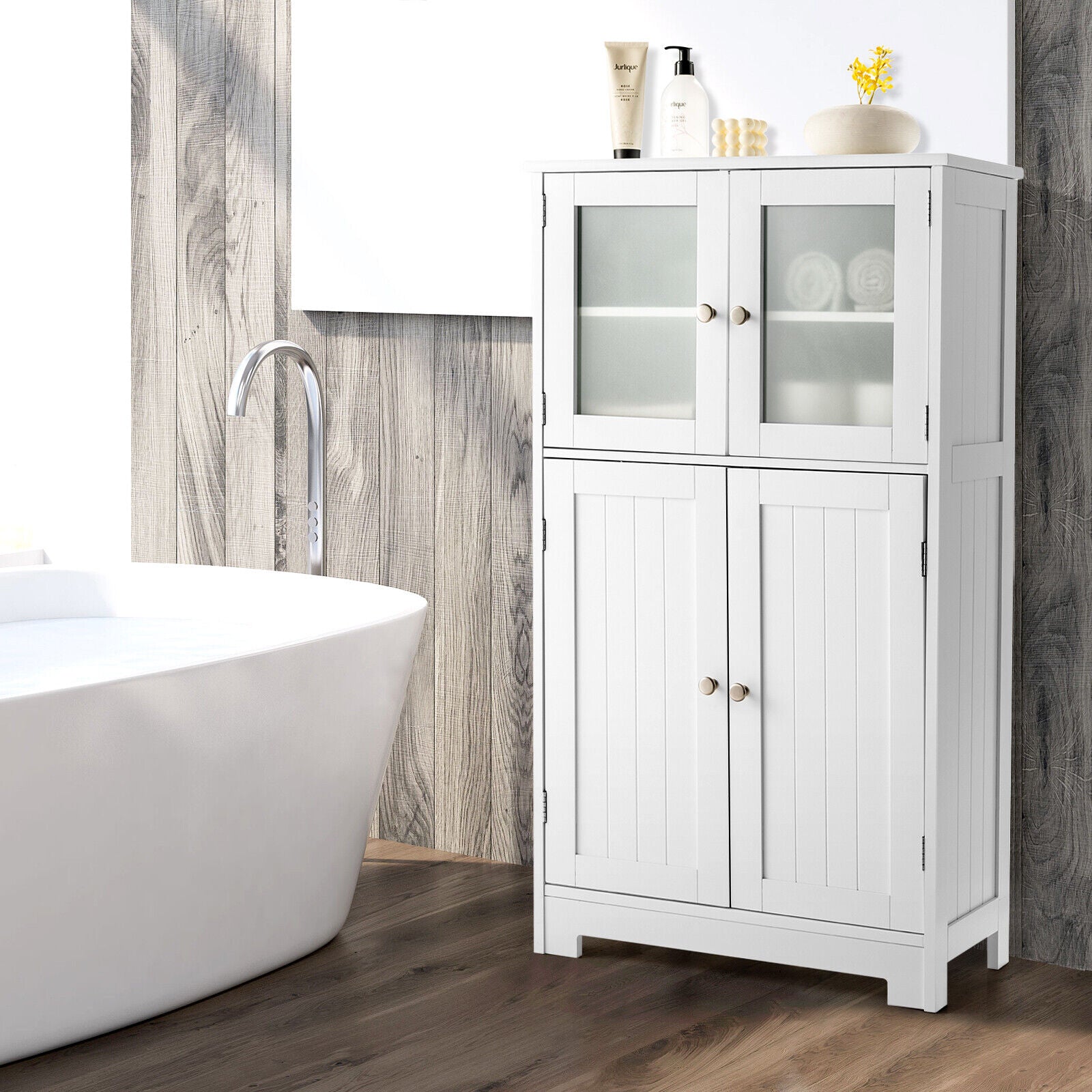Bathroom Cabinet Storage Cupboard Organizer Tempered Glass Doors