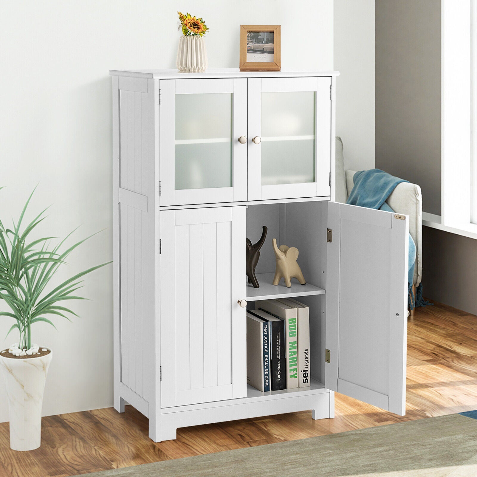 Bathroom Cabinet Storage Cupboard Organizer Tempered Glass Doors