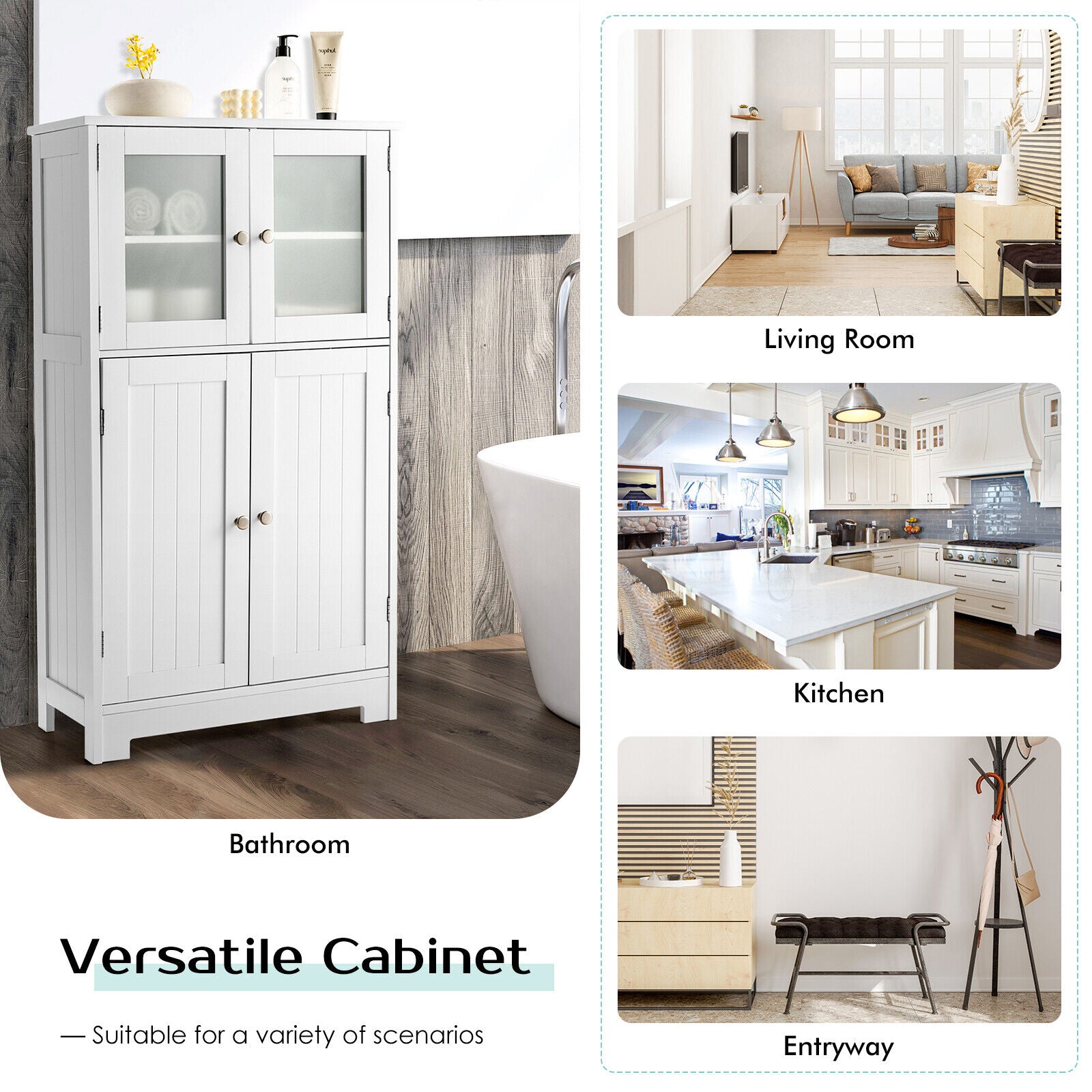 Bathroom Cabinet Storage Cupboard Organizer Tempered Glass Doors