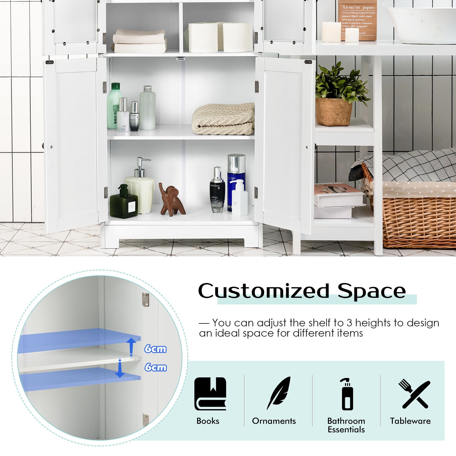 Bathroom Cabinet Storage Cupboard Organizer Tempered Glass Doors