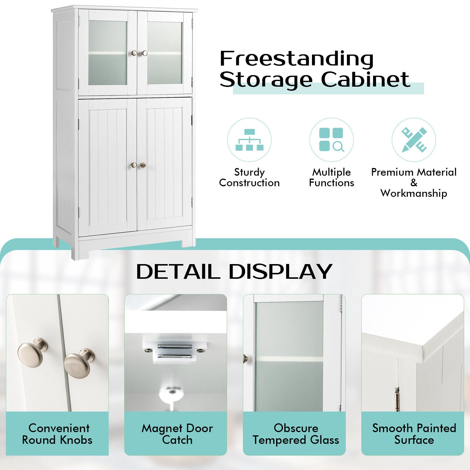 Bathroom Cabinet Storage Cupboard Organizer Tempered Glass Doors